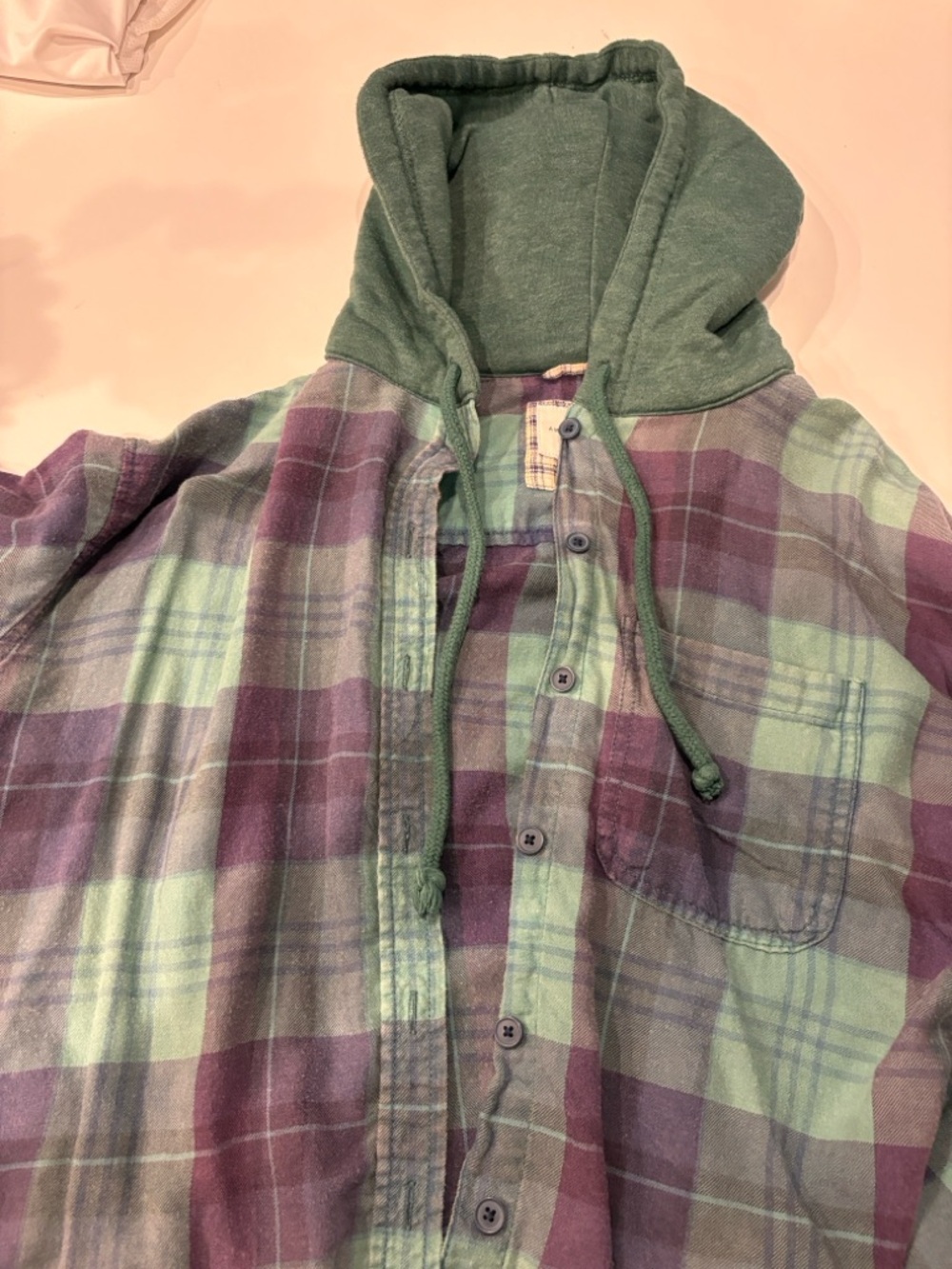 American Eagle Green Hooded Plaid Flannel Shirt with Purple Accents